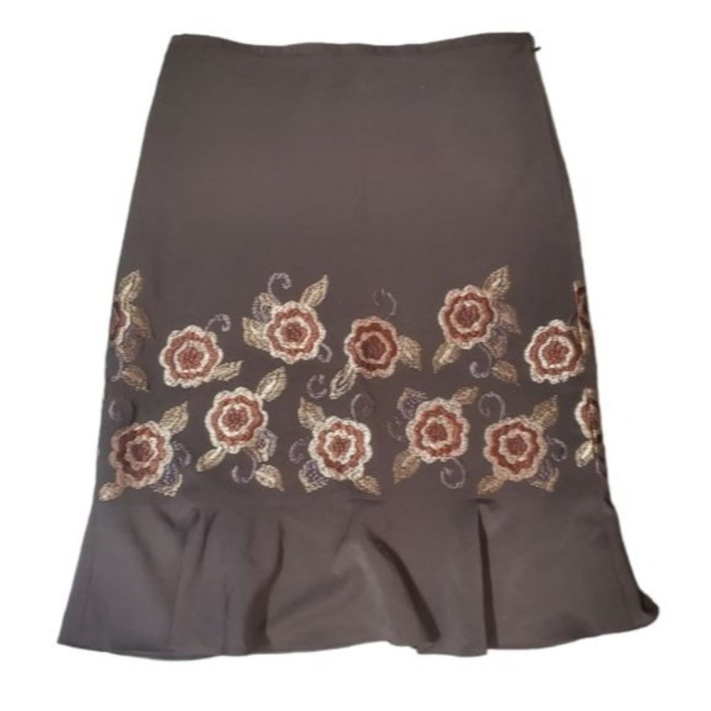 Ann Taylor Loft Brown Flounce Skirt Embroidered Flowers Size 8